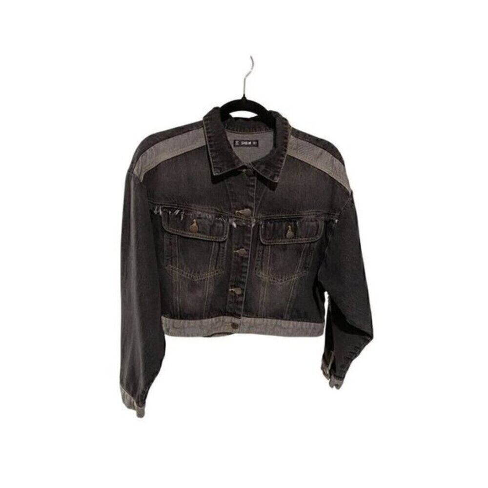 Shein Women Black Cropped Denim Jacket Distressed Frayed Hem Trucker S - Picture 4 of 10